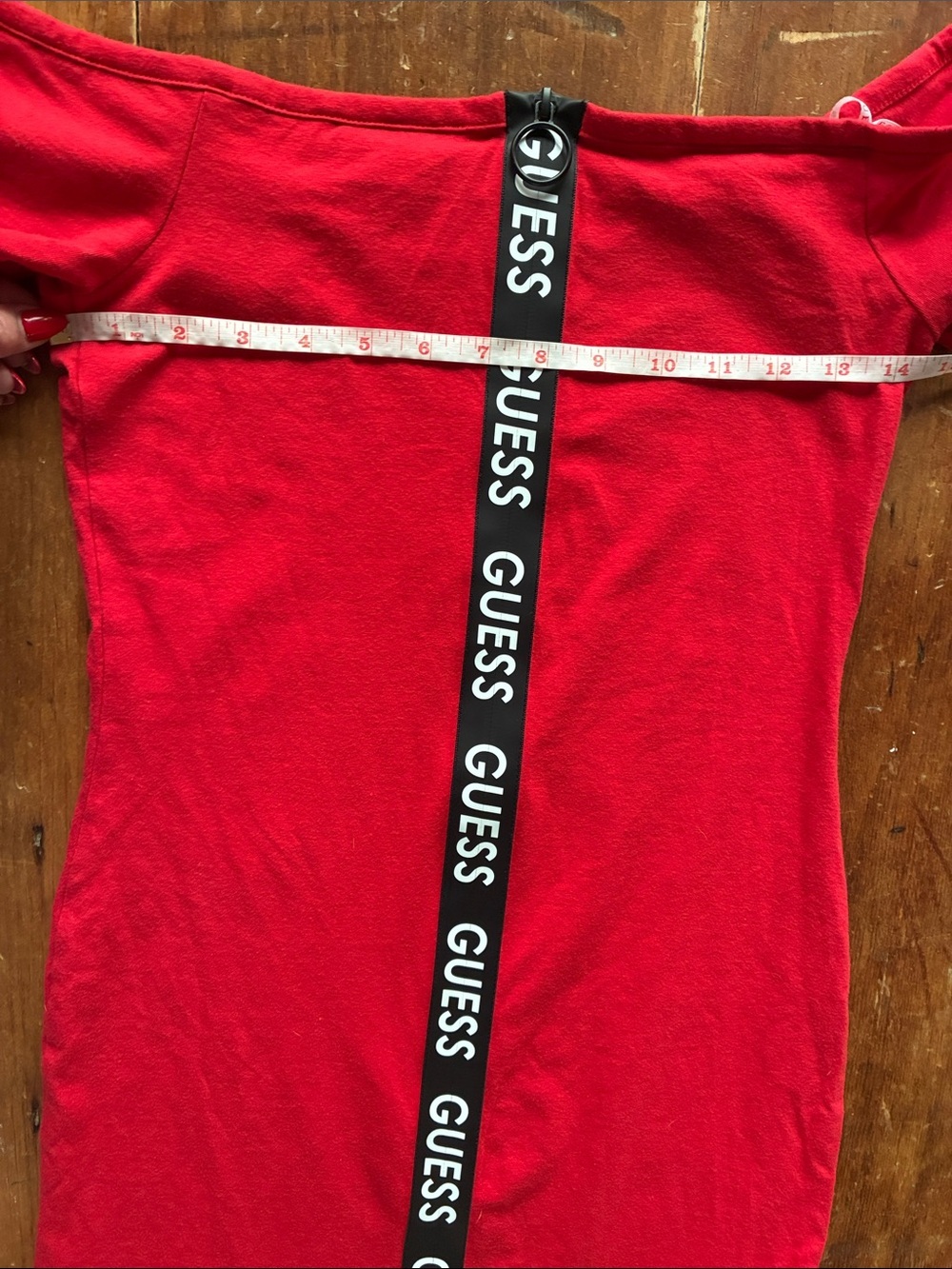 Y2K Guess Logo Zip Bodycon Dress | Off Shoulder Red Midi | Size L (Fits M-L) - Picture 6 of 7